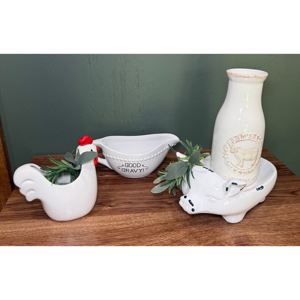 Ceramic Farmhouse Lot Gravy Boat Milk Bottle Rooster Planter Pig Riser Greenery